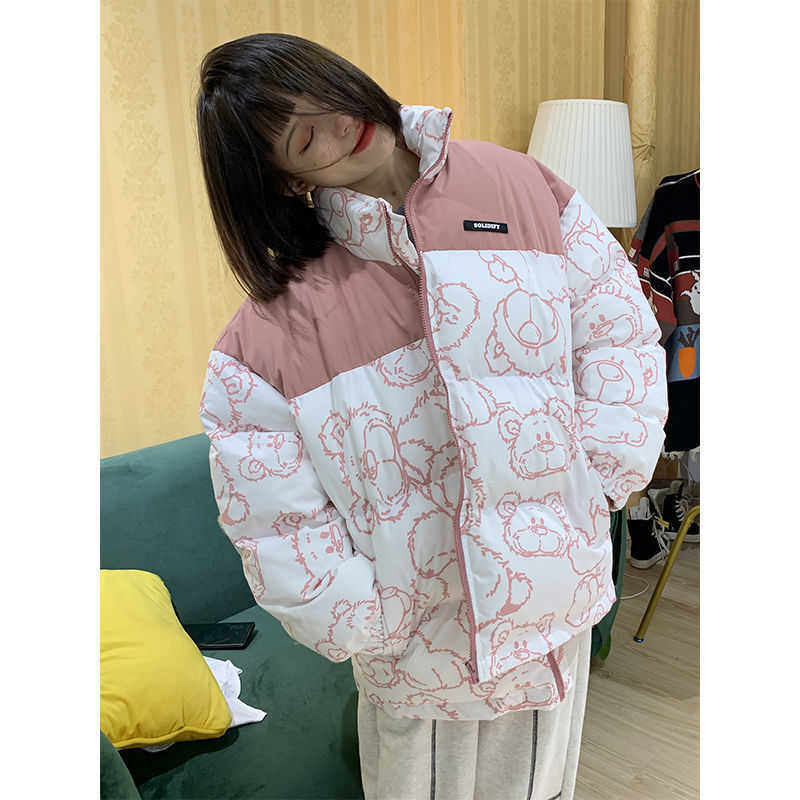 Fashion Cartoons Printed Cotton Windbreaker Jacket Zip Coats Jackets Winter Women Warm Thicken Outwear Loose Parka Coat 210819