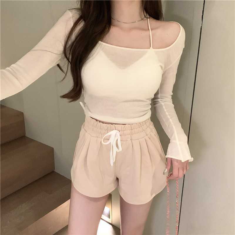 Yedinas Summer Long Sleeve Cropped Tops Thin Sun Protection Shirt Wide Collar See Through Mesh T-shirts Women Slim Sexy T 210527