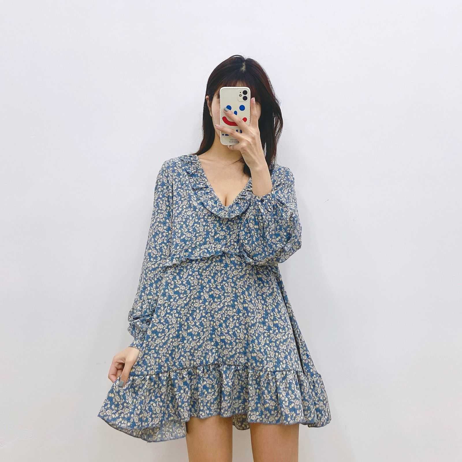 Women Dress Floral Printed V-neck Long Sleeves Ruffled Hem Vintage Casual Short Woman Dresses 210709