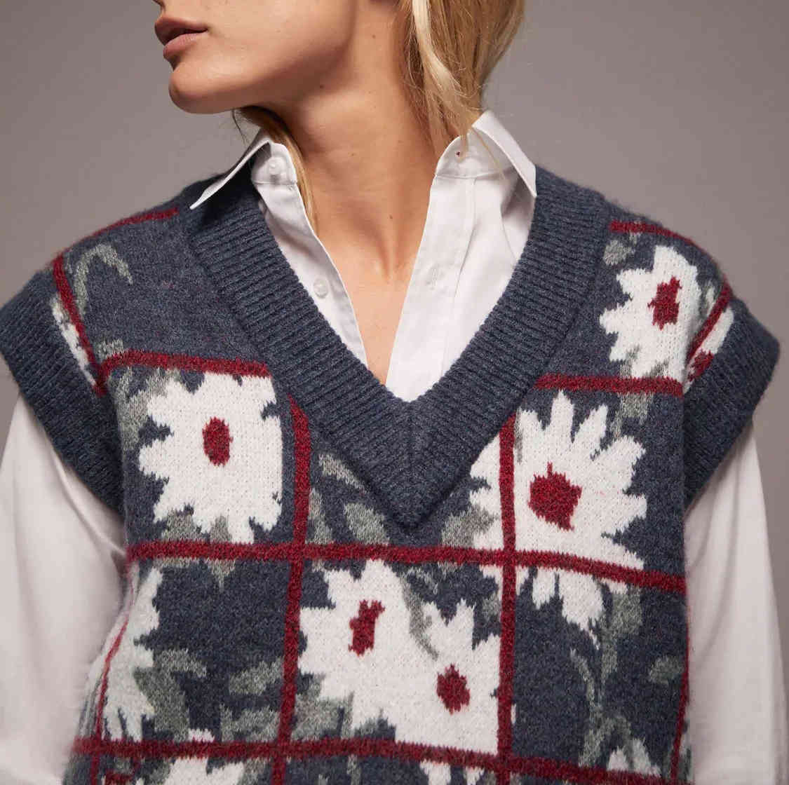 Vintage V-Neck Print Oversize Knitted Sweater Fashion Slim Sleeveless Office Lady Pullover Casual Loose Chic Top 210521