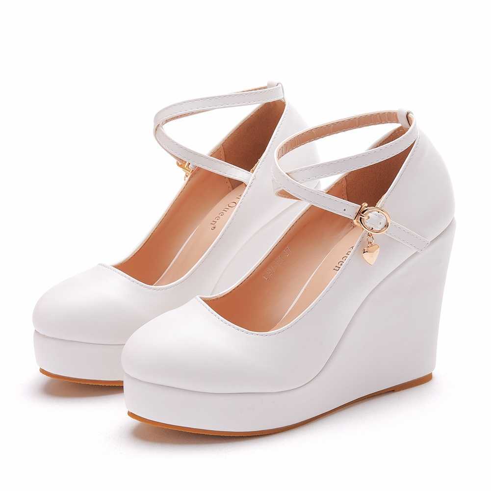 Crystal Queen White Platform Wedges Pumps Women High Heels Shoes Round Toe Cross Ankle-Strap Large Sizes 210910
