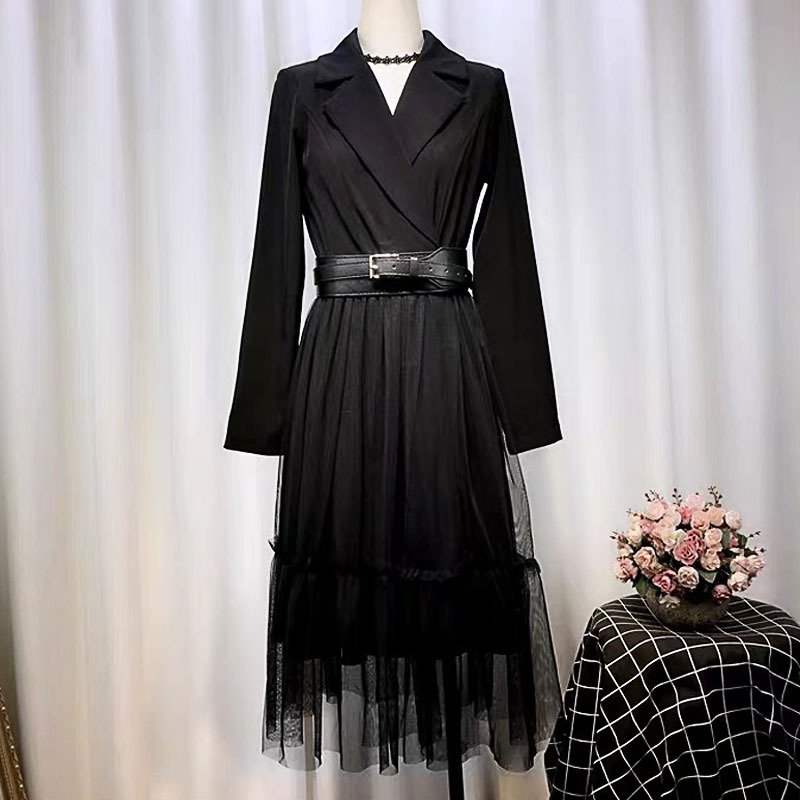 Autumn Women Midi Blazer Dress Runway Black Patchwork Mesh Noeched Collar Elegant Long Sleeve Slim Belt navid 210421