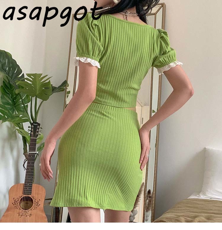 Sweet Girls Fresh Fashion Sets Lace Patchwork Square Neck Short Sleeve Tops Slim Mini Skirt Green Plus Size Summer Chic Korean 210429