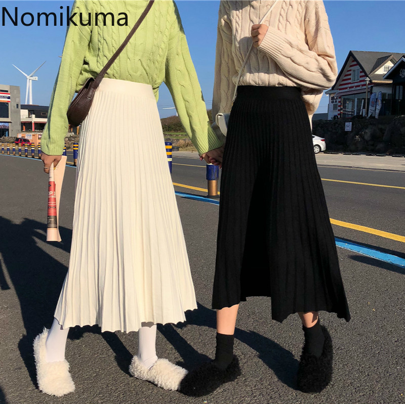 Nomikuma High Waist Women Sweater Skirts Causal Solid Korean Pleated A-line Skirt Autumn Winter Mujer Faldas New 6D292 210427