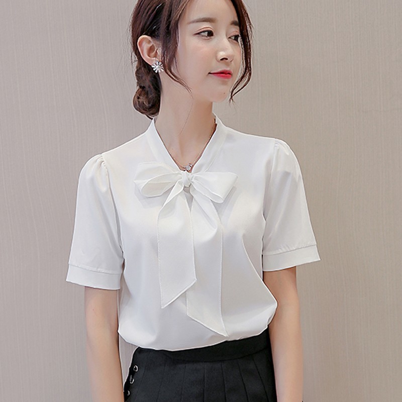 Women Summer Chiffon Blouse Short Sleeve Shirts Fashion Office Ladies Leisure Bow Causal Tops 210428