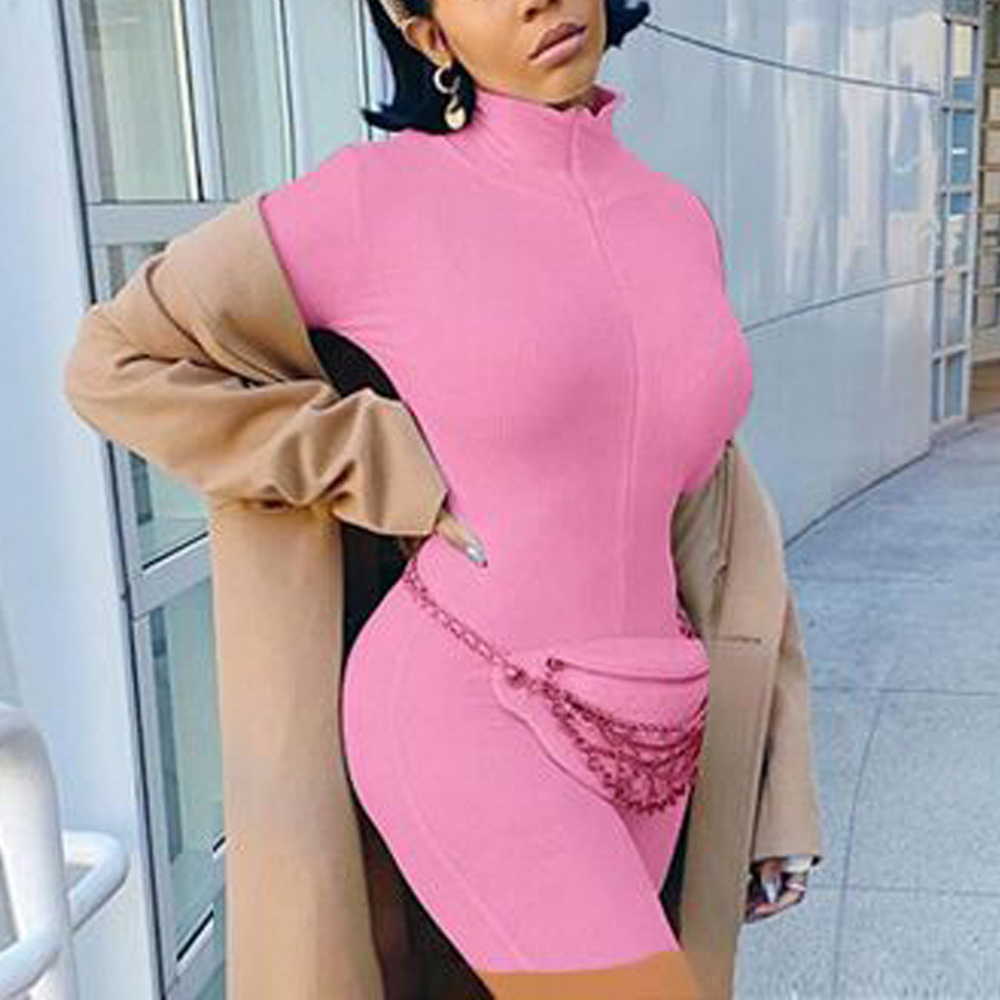 Turtleneck Knit Rib Bodycon Fitness Playsuit Sportswear Long Sleeve Zipper Body Embroidery Lucky Rompers Womens Jumpsuit Y0625