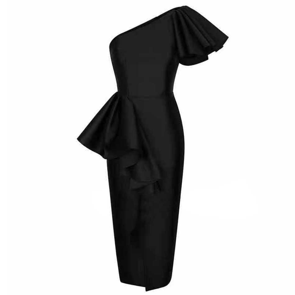 Summer Ladies Black One-Shoulder Short-Sleeved Club Bodycon Bandage Dress Sexy Ruffled Celebrity Party 210527