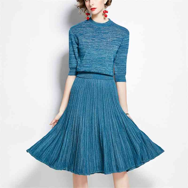 Knitted Two Piece Set Female Bright Silk Pullover Sweater Top + High Waist Pleated Skirt Suit Woman Clothes Autumn 2 Pcs Outfit 210520, Picture color 
Knitted Two Piece Set Female Bright Silk Pullover Sweater Top + High Waist Pleated Skirt Suit Woman Clothes Autumn 2 Pcs Outfit 210520, Picture color