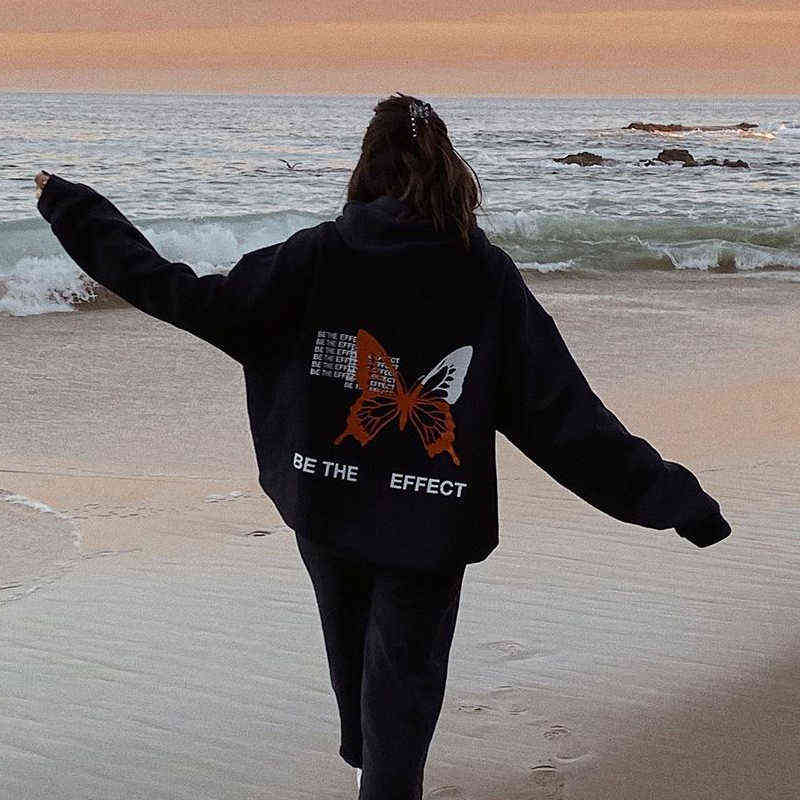 BE THE EFFECT Streetwear Hip Hop Punk Butterfly Goth Print Vintage Casual Loose Harajuku Hoodie Sweatshirt Hooded Pullover Tops 211108