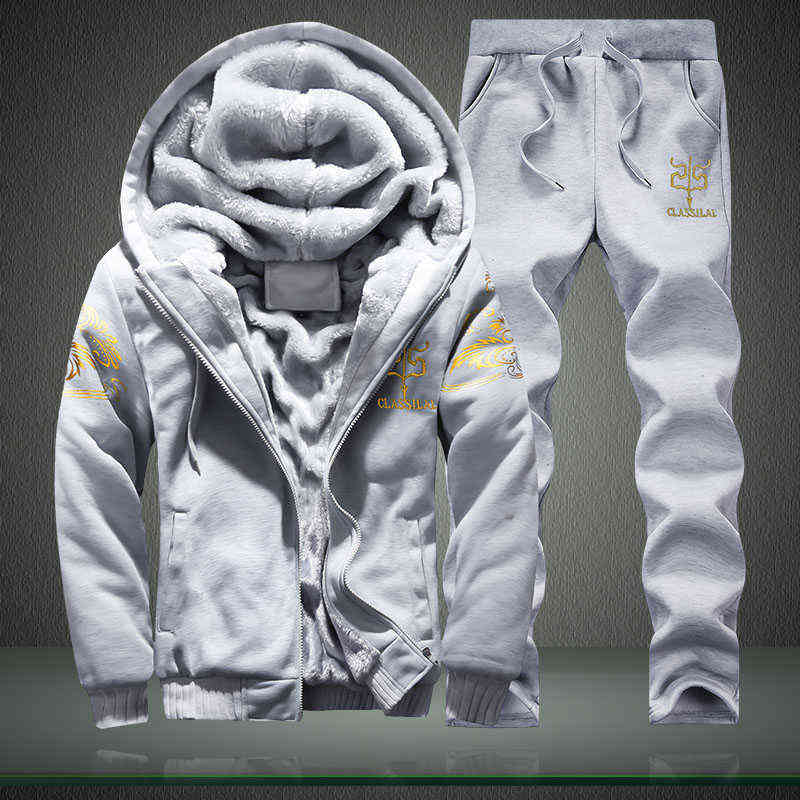 Winter Inner Fleece Hoodies Men Casual Hooded Warm Sweatshirts Male Thicken Tracksuit 2PC Jacket+Pant Men Moleton Masculino 211116