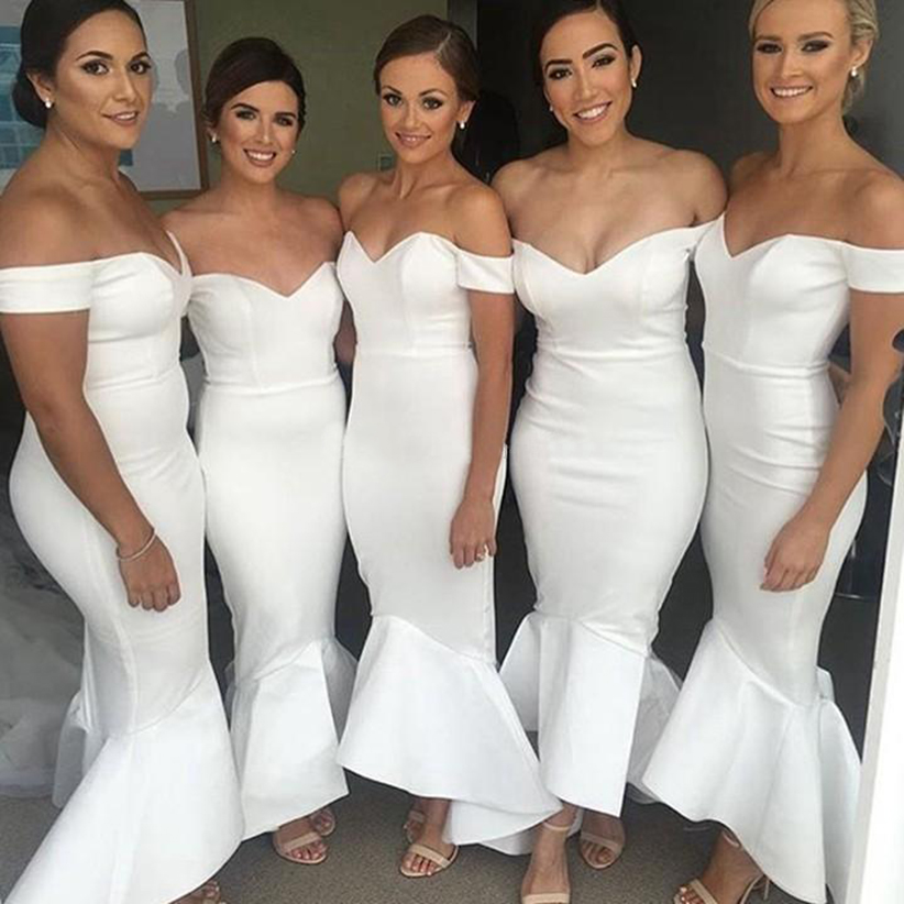 Long Bridesmaid Dresses 2021 Mermaid Short Sleeve Sweetheart Stretch Satin White Bridesmaid Dress