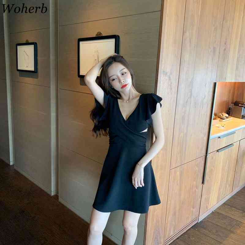 Sexy V-neck Mini Dress Women Elegant Solid Hollow Out Robe Korean Chic Party Dresses Summer Vestido Femme 210519
