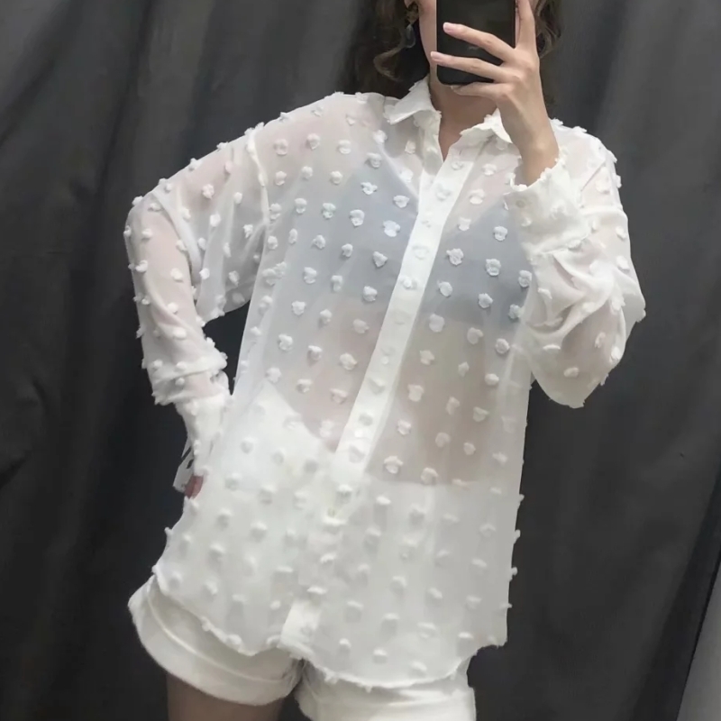 Dot Flocking Chiffon Women Long Sleeve Shirt Casual Female White Blouse Loose Tops Blusas Mujer S5781 210430