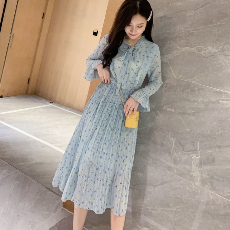 Spring Chiffon Dress Female Sweet Bow Tie Flare-sleeved Printing Fashion High Waist Casual Pleated Dresses Robe 210519