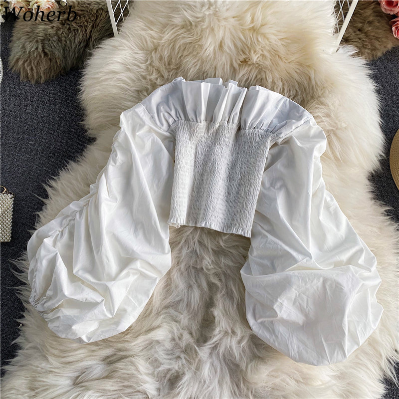 Elegant Lantern Long-sleeved Shirt Female Summer Retro Solid Off Shoulder Short Top for Womens Vintage 210519