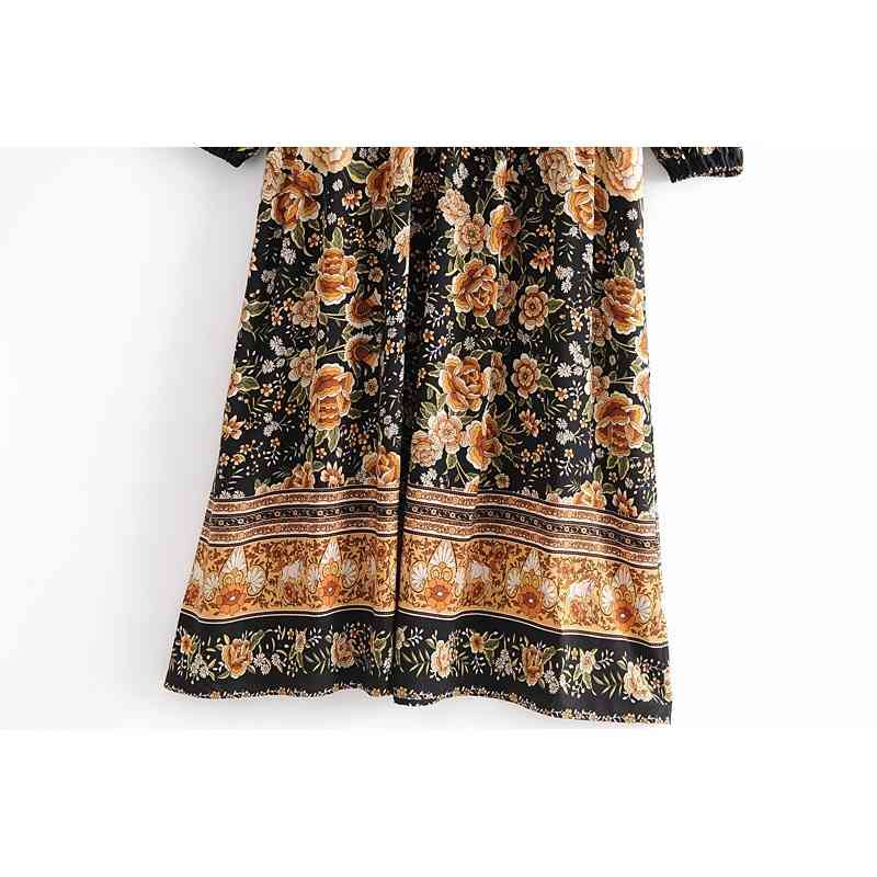 Autumn Bohemia Lacing up V neck Flower Print Long Dress Black BOHO Woman Sleeve Tassel Strappy Holiday Dresses Beach 210429