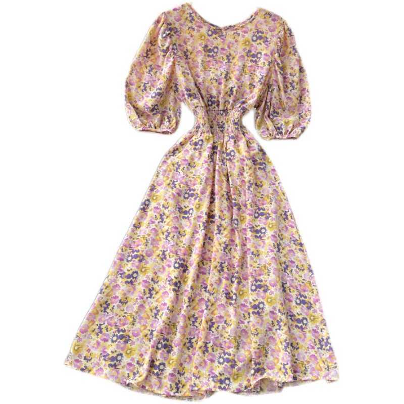 DEAT Women Printing Midi-long Dress Round Neck Three Quarter Sleeve Arrivals Temperament Fashion Spring Summer 11D573 210709