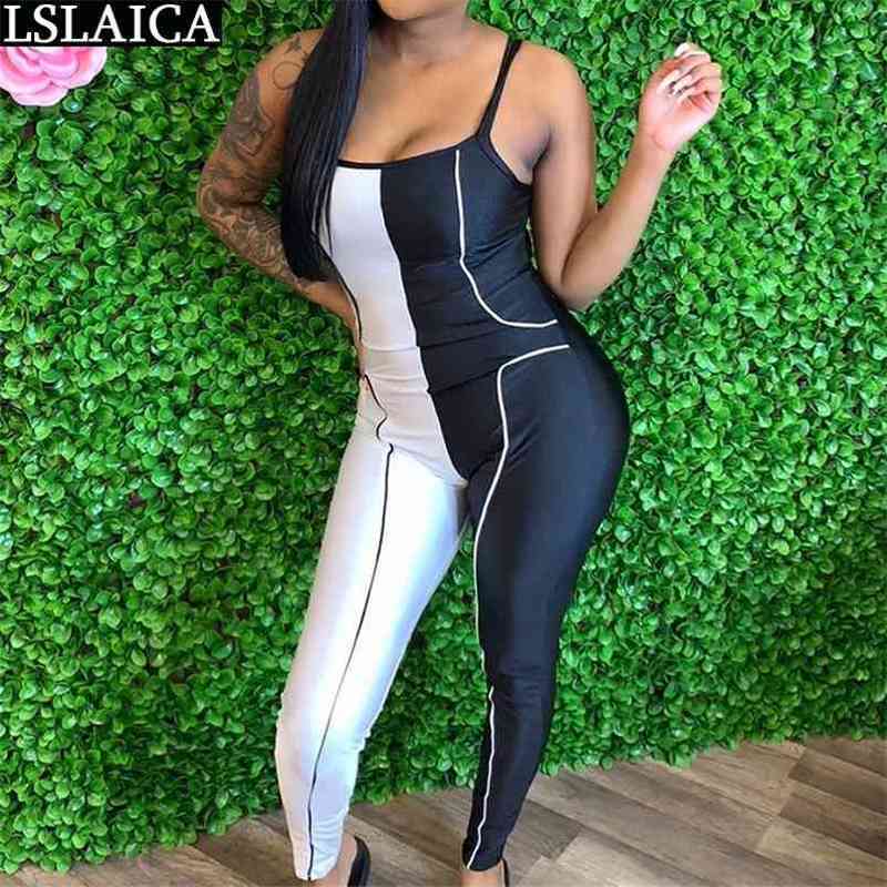 Women Jumpsuit Spaghetti Strap White&Black Patchwork Sexy Adult Onesies for Wholesale Skinny Fashion Streetwear Salopete 210515