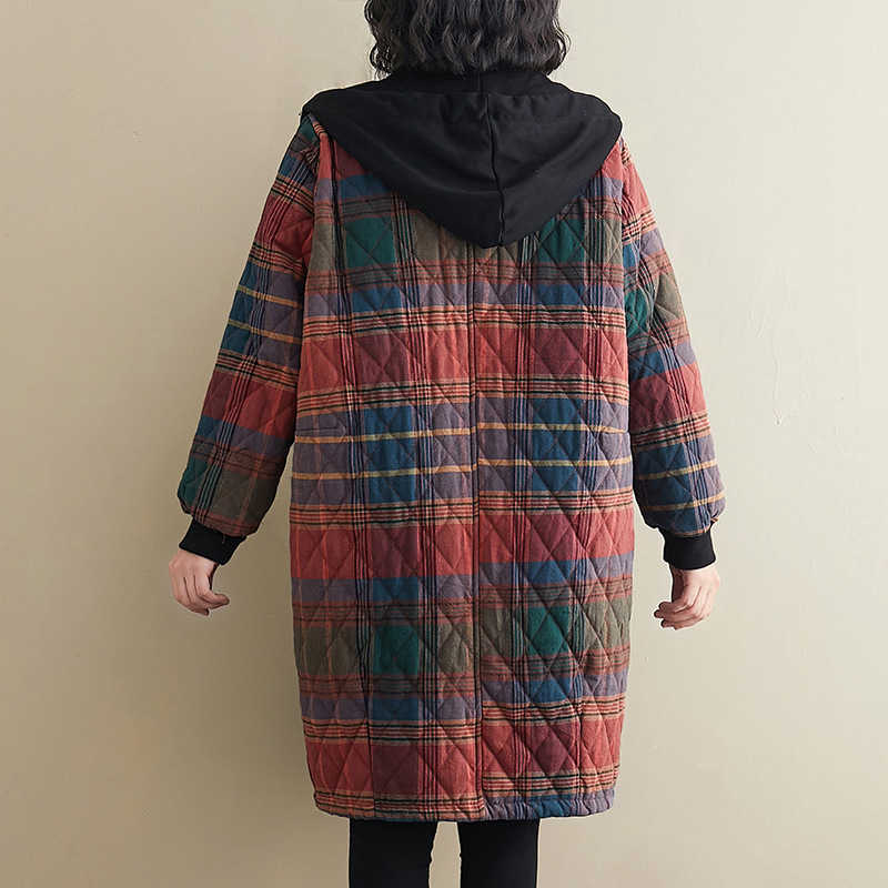 Johnature Women Vintage Winter Parkas Plaid Button Coats Hooded Pockets Warm Female Clothes Korean Style Parkas Coats 210930