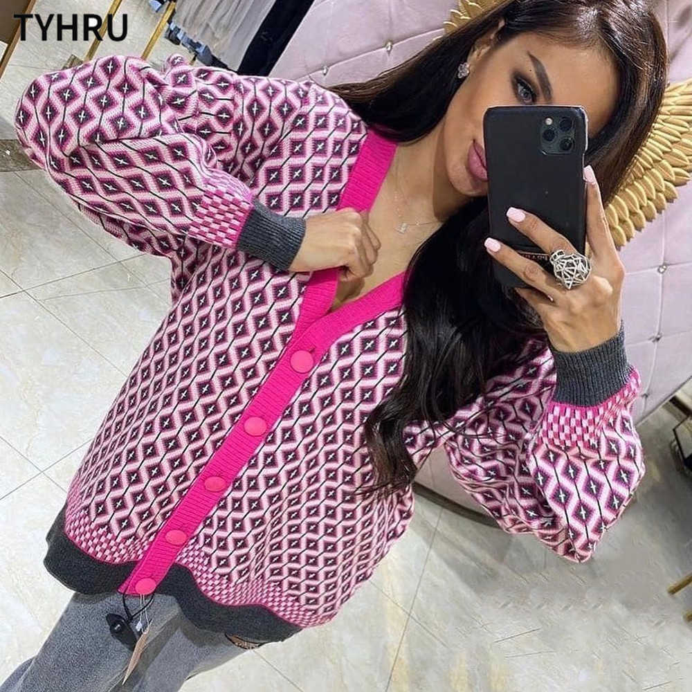 TYHRU Women's Knitting Sweater Color Matching Diamond Lattice Single-Breasted Buttons Loose Casual Knitted Cardigan Sweaters 211007
