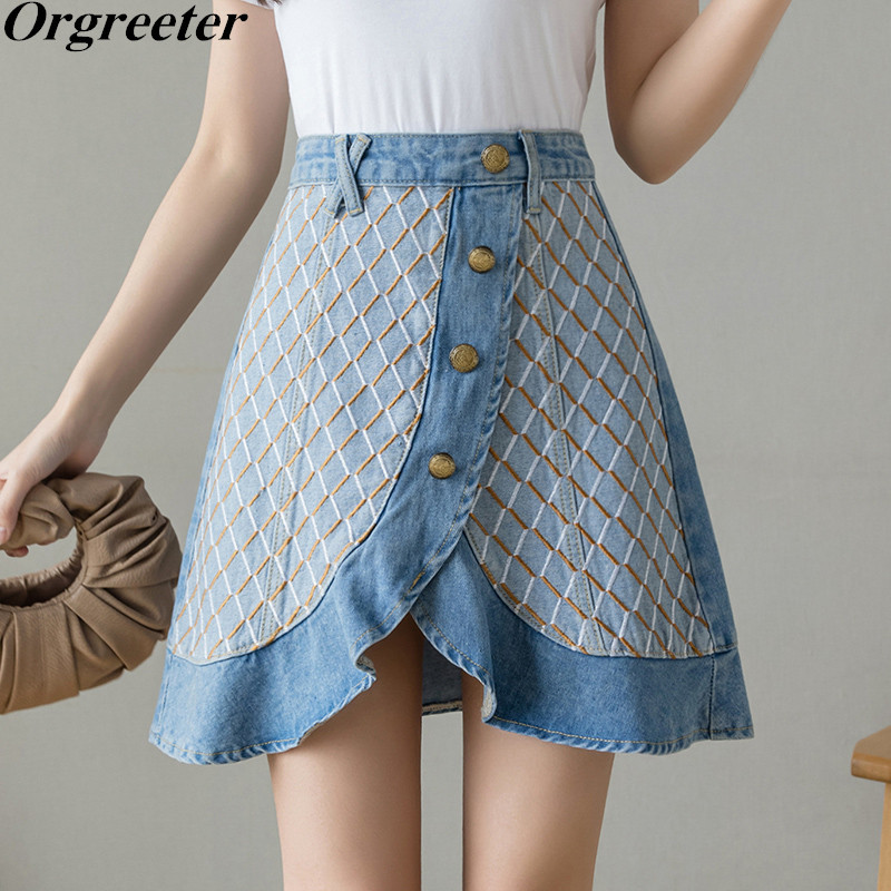 Harajuku Punk Denim Rhombus Plaid Embroidery Mini Skirts Women Summer Single-breasted Ruffles Patchwork Short Cowboy 210525, Blue 
Harajuku Punk Denim Rhombus Plaid Embroidery Mini Skirts Women Summer Single-breasted Ruffles Patchwork Short Cowboy 210525, Blue