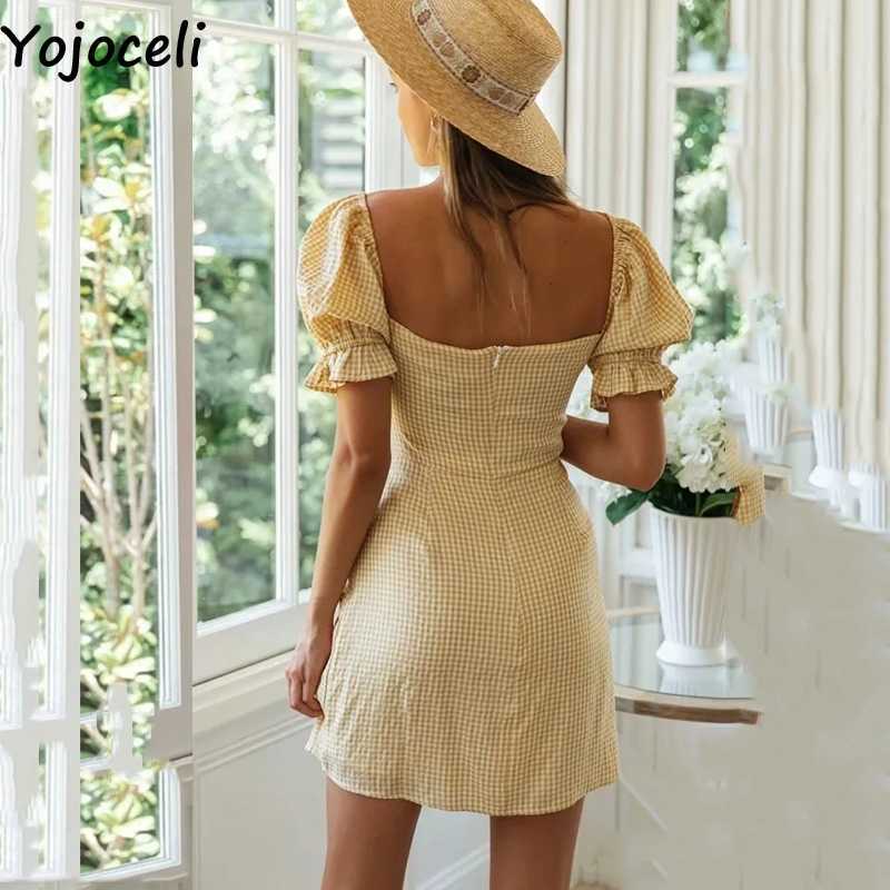 Yojoceli Elegant bow short plaid dres Summer sexy fitness beach daily Casual mini cool ruffle vestidos 210609