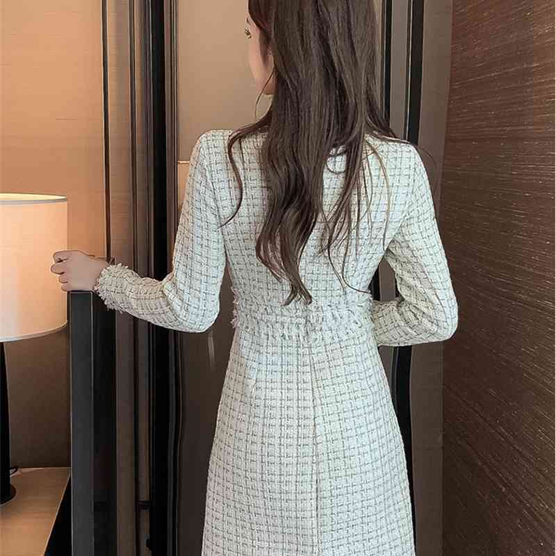 High Quality Fashion Women Tweed Long Sleeve Midi Dresses 2 Winter Beading Office OL Bodycon Sheath Vesitdos 210520