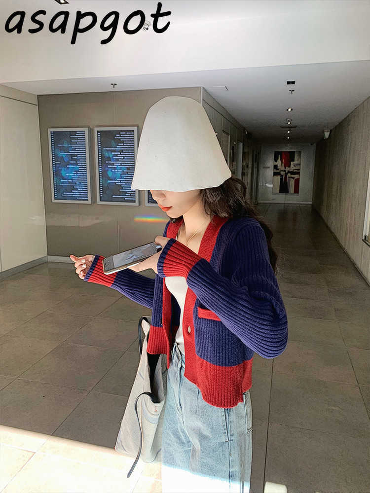 Sweaters&Jumpers Thin V Neck One Button Short Cardigan Long Sleeve Tops Wild Casual Knitted Jacket Contrast Retro Chic 211011Z