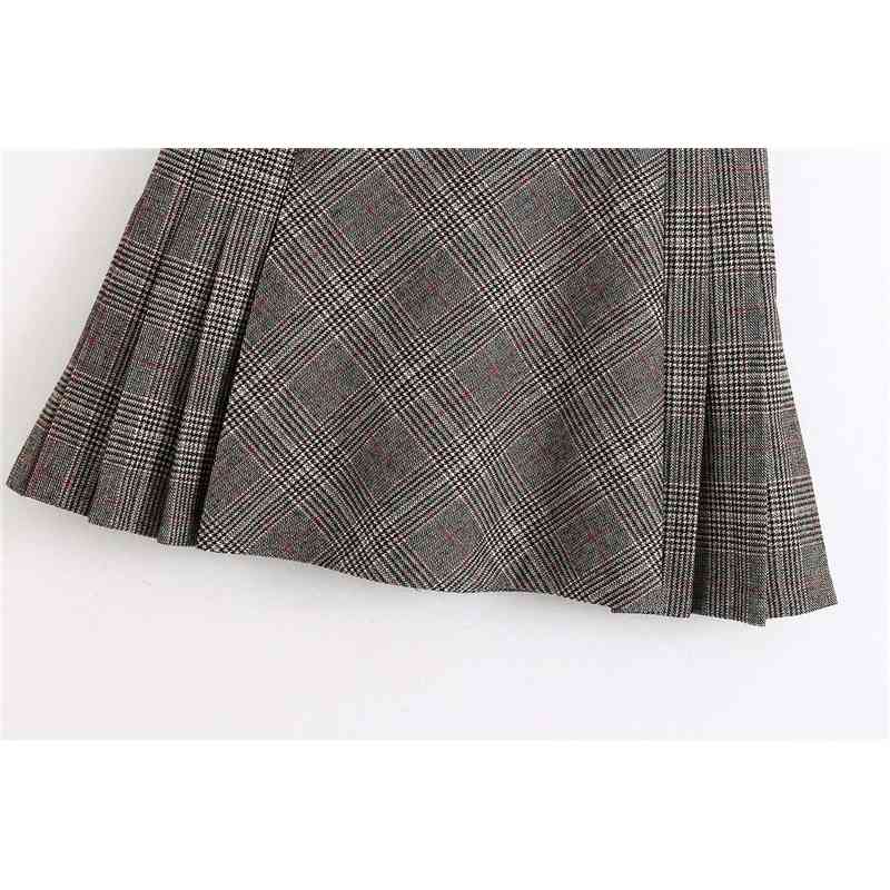 Streetwear Women Elegant Woolen Skirts Fashion Ladies Grey Plaid Vintage Female Chic High Waist Pleated Skirt 210430