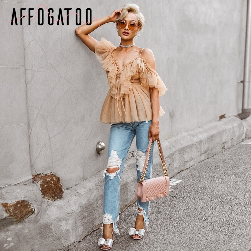 Affogatoo Sexy v neck off shoulder peplum blouse top Women Pleated vintage ruffle mesh blouse shirt Casual summer sleeveless top 210317