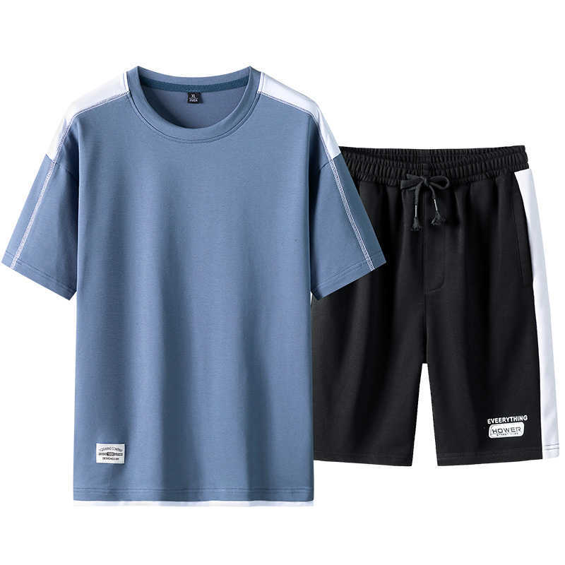 Mens Sets Summer Short Sleeve Tracksuit Men Casual Running Sweatsuit+Shorts Loose T-shirt Patchwork Sets Gym Jogger Streetwear 210603