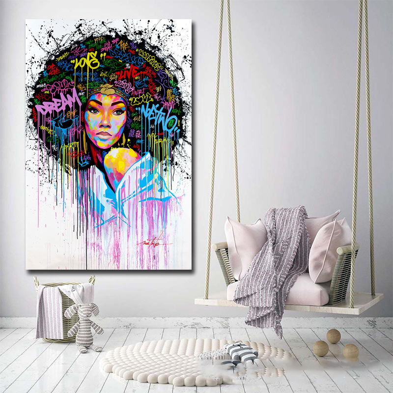 Modern Graffiti Art Canvas Paintings Abstract African Girl Posters and Print Canvas Black Woman Cuadros Wall Pictures Home Decor