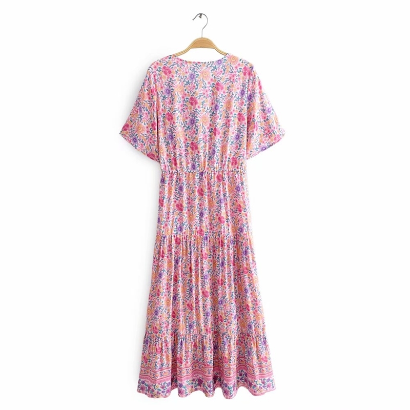 beauty Fashion Boho Pink Floral Print Midi Dress Women Beach Chic Vintage Long Dresses Female Summer Holiday Wear 210514