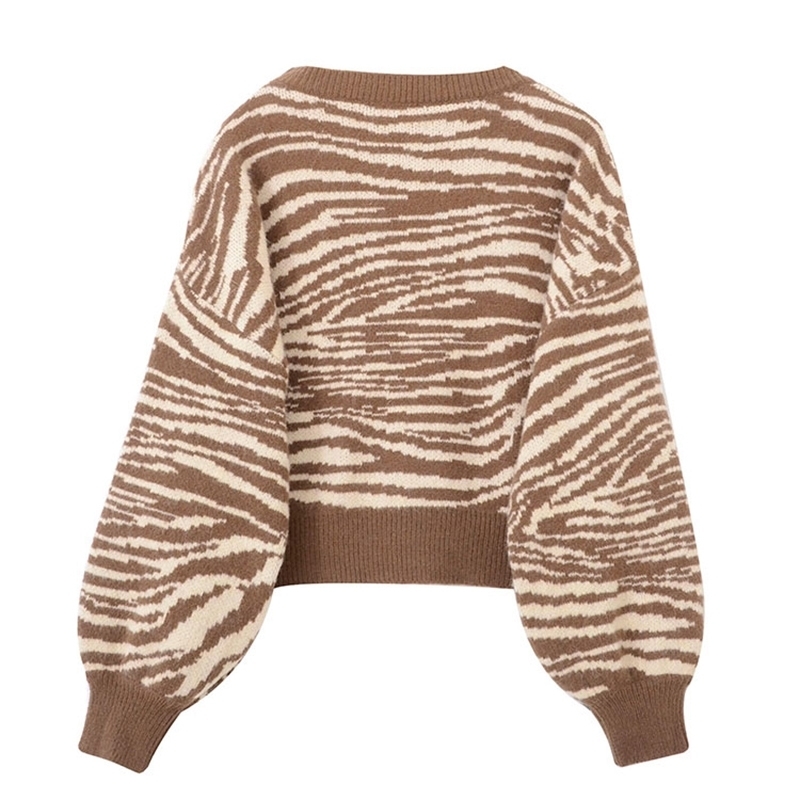 Zebra Casual Short Knitted Tops For Women O Neck Long Sleeve High Street Chic Sweater Female Autumn Fashion 210524