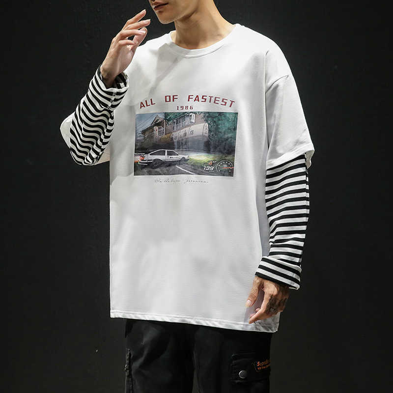 LIFENWENNA Fashion Patchwork Sweatshirts Fast Print Car Hoodies Sweatshirt Men Auturm O Neck Striped Sweatshirt For Men Pullover 210528