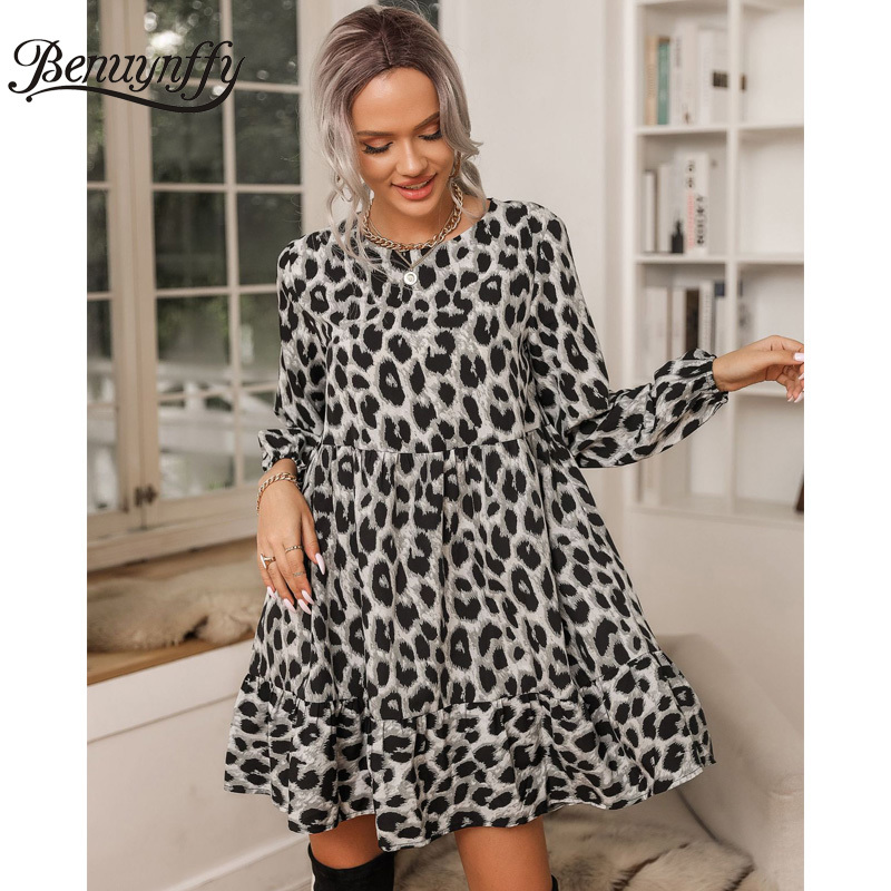 O-Neck Leopard Print Ruffle Hem Casual Dresses Fashion Spring Women Long Sleeve Loose Mini Dress Clothes Female 210510