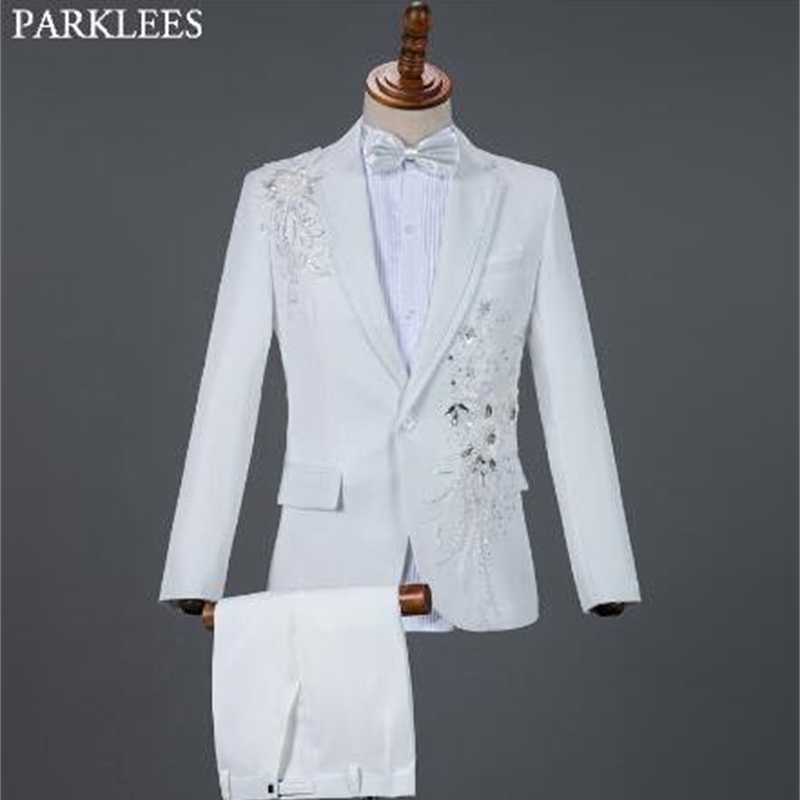 White Embroidered Diamond Suit Men Wedding Groom Tuxedo Suits Mens Stand Collar Prom Stage Costume Mens Suits with Pants Ternos 210524