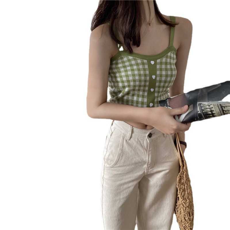 WOMENGAGA Sweet check candy short vest summer top's bottom Knitted Top tank red sexy women korean P8BU 210603