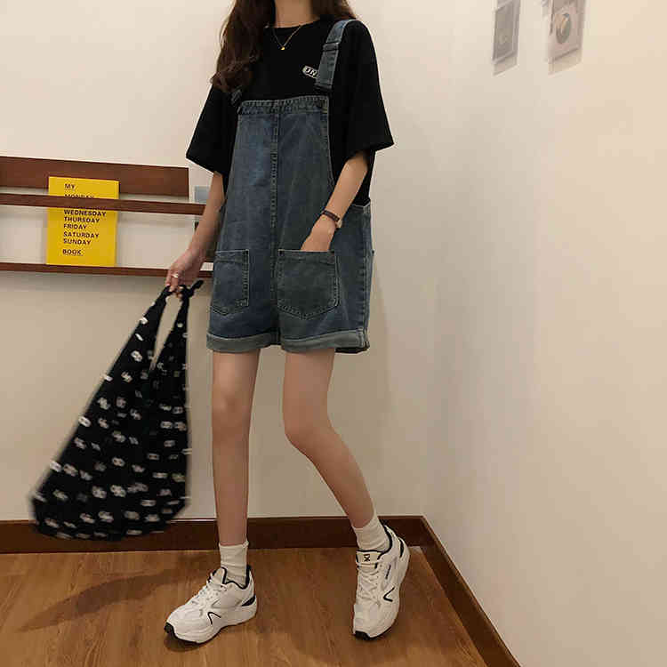 SML Summer korean preppy style Jumpsuit Denim Overalls Casual Girls vintage roll up wide leg Jeans Shorts womens (78121) 210423