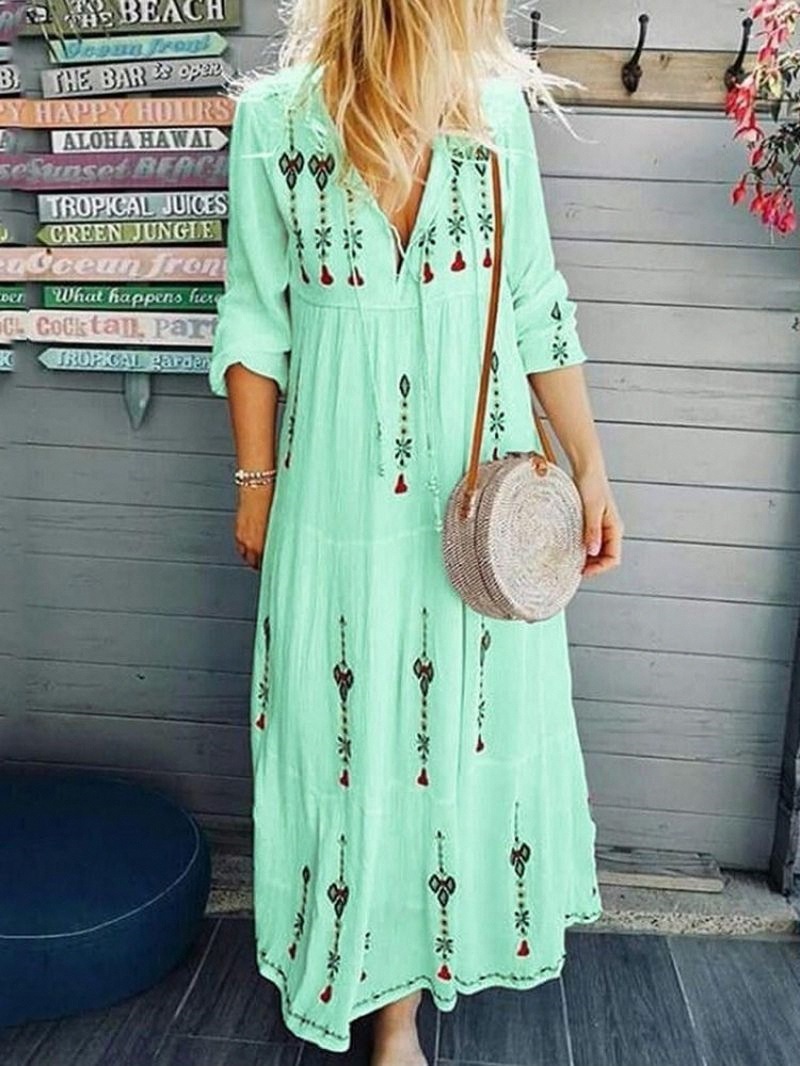 Women Dress V-neck Long Sleeve Print Plus Size Dresses Casual Loose Flower Bohemian For 210513