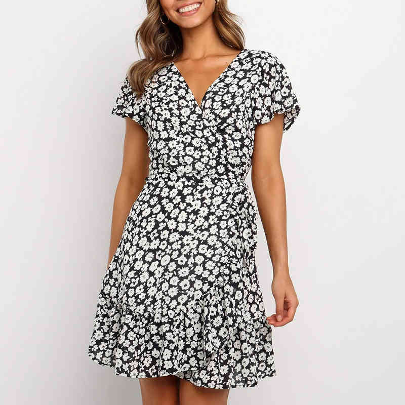 Summer V Neck Floral Print A Line Dress Ruffles Flare Short Sleeve Beach Women Wrap Mini es Robe Ete Femme 210515
