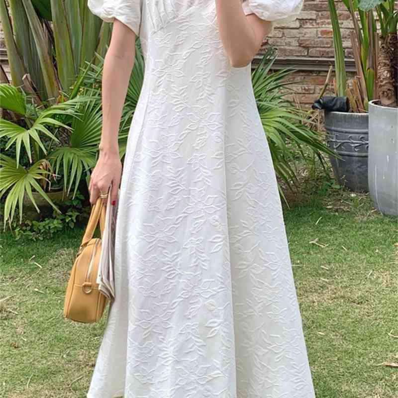Korean Chic Dress Female Summer Gentle Vintage V-Neck Dark Jacquard Lace-Up Waist Puff Sleeve Party Dress Casual Dress 210515