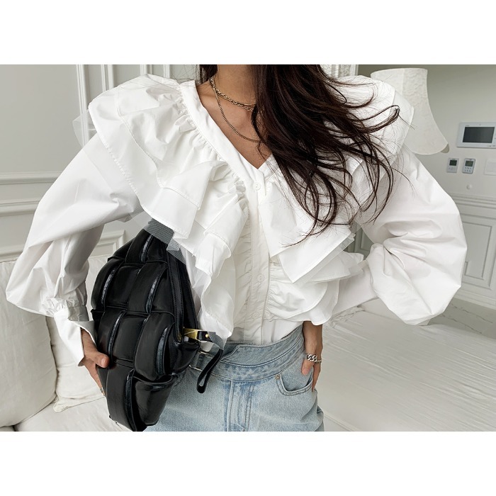 Nomikuma Korean Ruffle Patchwork Blouse Shirt Puff Sleeve V-neck Women Shirt Causal Spring Single Breasted Blusas New 6D929 210427