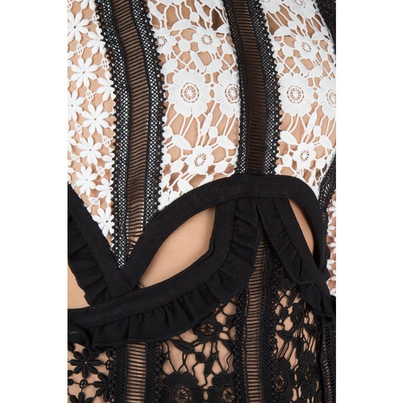 Summer Self Portrait Dress Runway Women Long Sleeve Lace Patchwork Dew Waist Hollow Out Bodycon Mini Party 210506