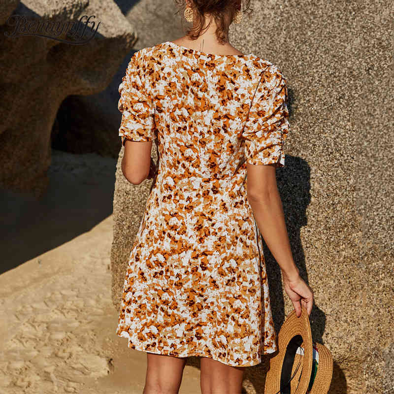 Sweetheart Neck Casual Print Ruched Mini Dresses Women Summer Short Sleeve Slim High Waist Ladies Vintage A-Line Dress 210510