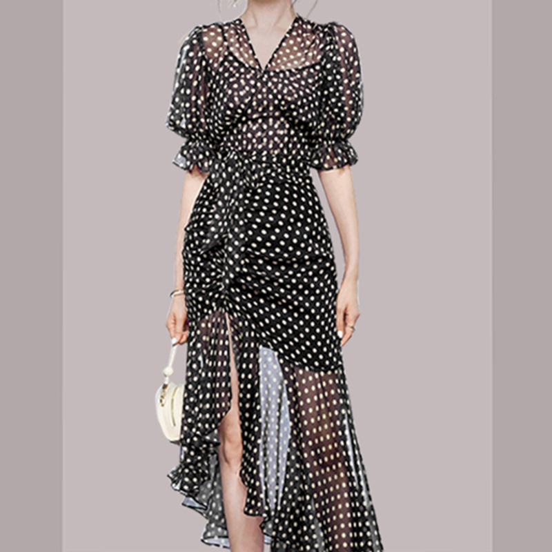 Vintage V-Neck Polka Dot Printed Chiffon Drawstring Midi Dress Women Elegant High Waist Slim Ruffle Vestidos Fashion Summer 210519