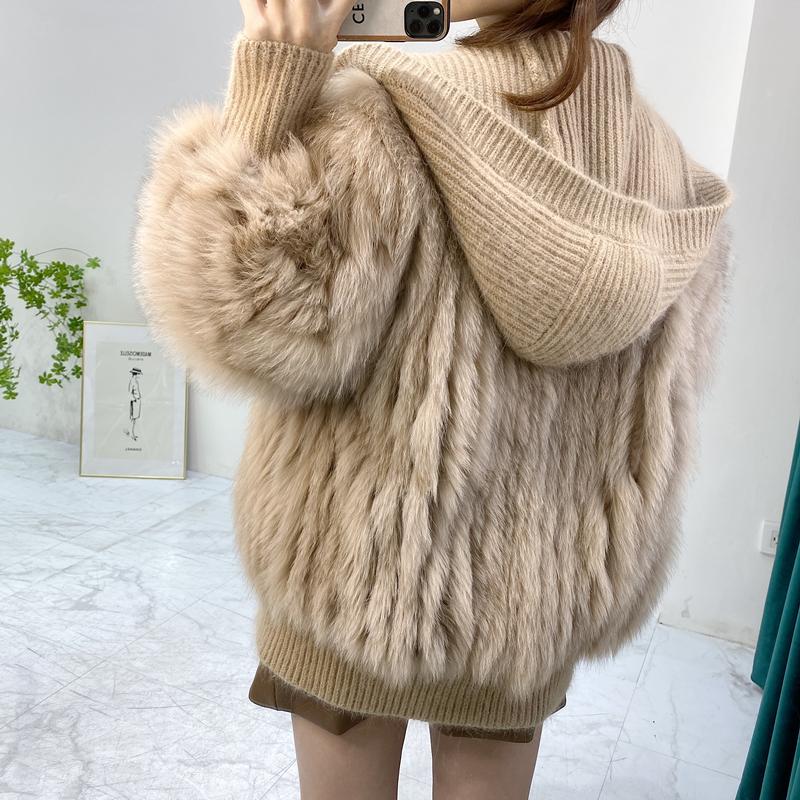 Women's Fur & Faux Knitted Hood Real Coats Women Fashion Jacket Nice Genuine Coat For Winter Stripe Sewed Together