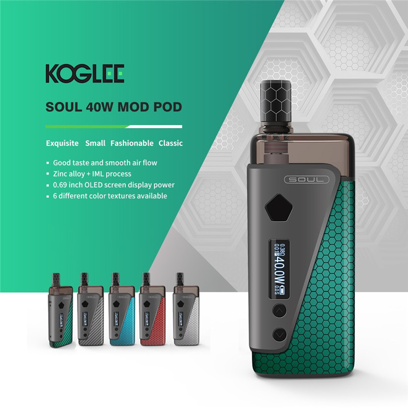 KOGLEE SOUL 40W pod system vape box kit zinc alloy material 2ml 3.8ml optional 0.69 inch Screen 6 colors
KOGLEE SOUL 40W pod system vape box kit zinc alloy material 2ml 3.8ml optional 0.69 inch Screen 6 colors