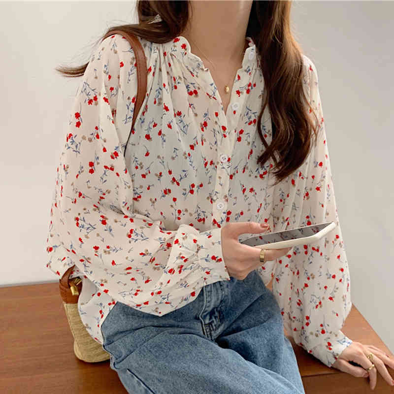 Floral Print Chiffon Blouse Women Puff Sleeve Autumn Casual Loose Tops Cardigan Ladies Clothes Blusas 10316 210518