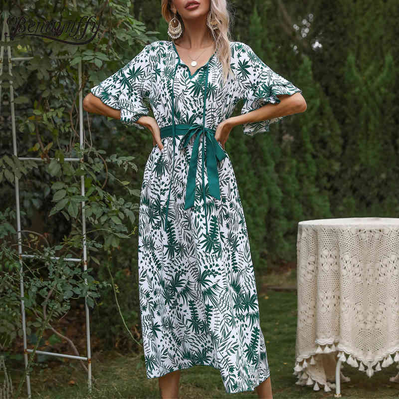 Tie Neck Layered Flare Sleeve Print Women Summer Long Dresses Holiday Casual Female Swing Dress with Belt 210510
